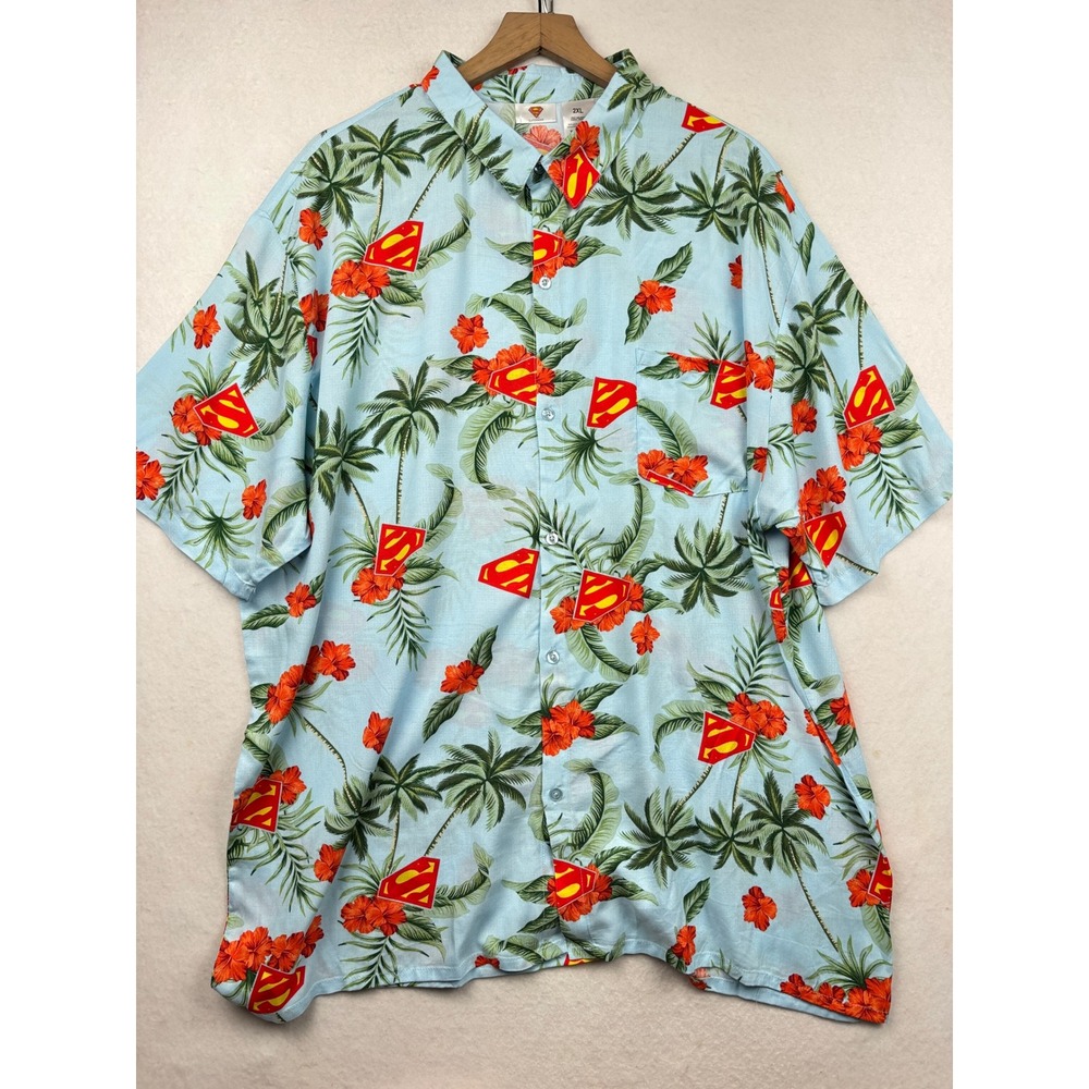 Superman Button Down Mens 2XL Tropical Palm Print Rayon‎ Aloha Shirt NWT